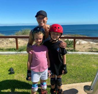 Yannik Jude with his sibling and mom Alicia Molik enjoying Rollerblades in Cottesloe.